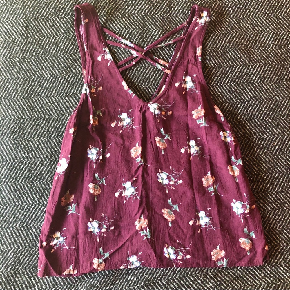 Mimi Chica maroon floral criss cross tank top